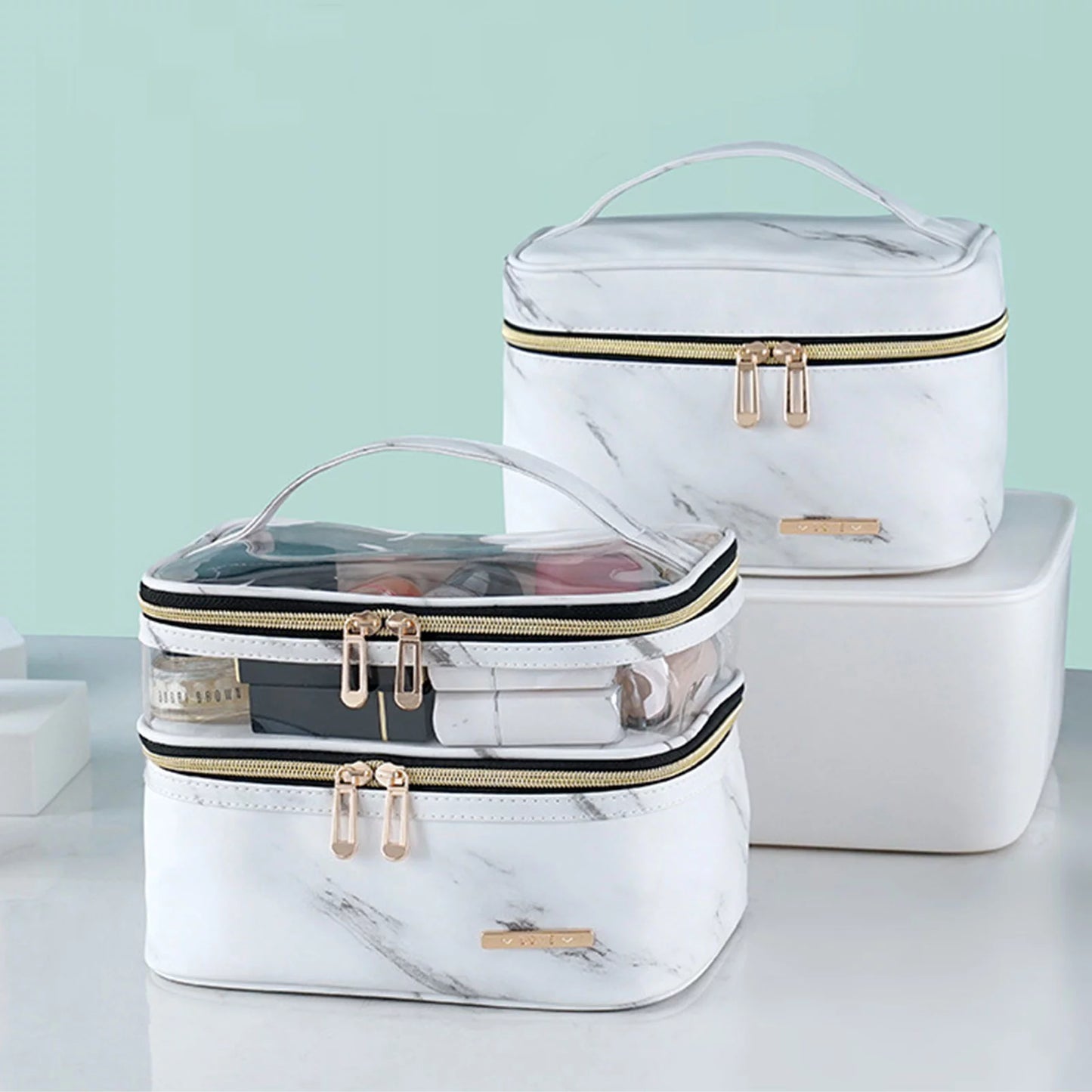 The Meiyuuo White Marble Clear Makeup Bag Cosmetic Bag Travelling Make up Bag Organizer Travel Cases for Women Girls Reusable Toiletry Bags(White Marble)