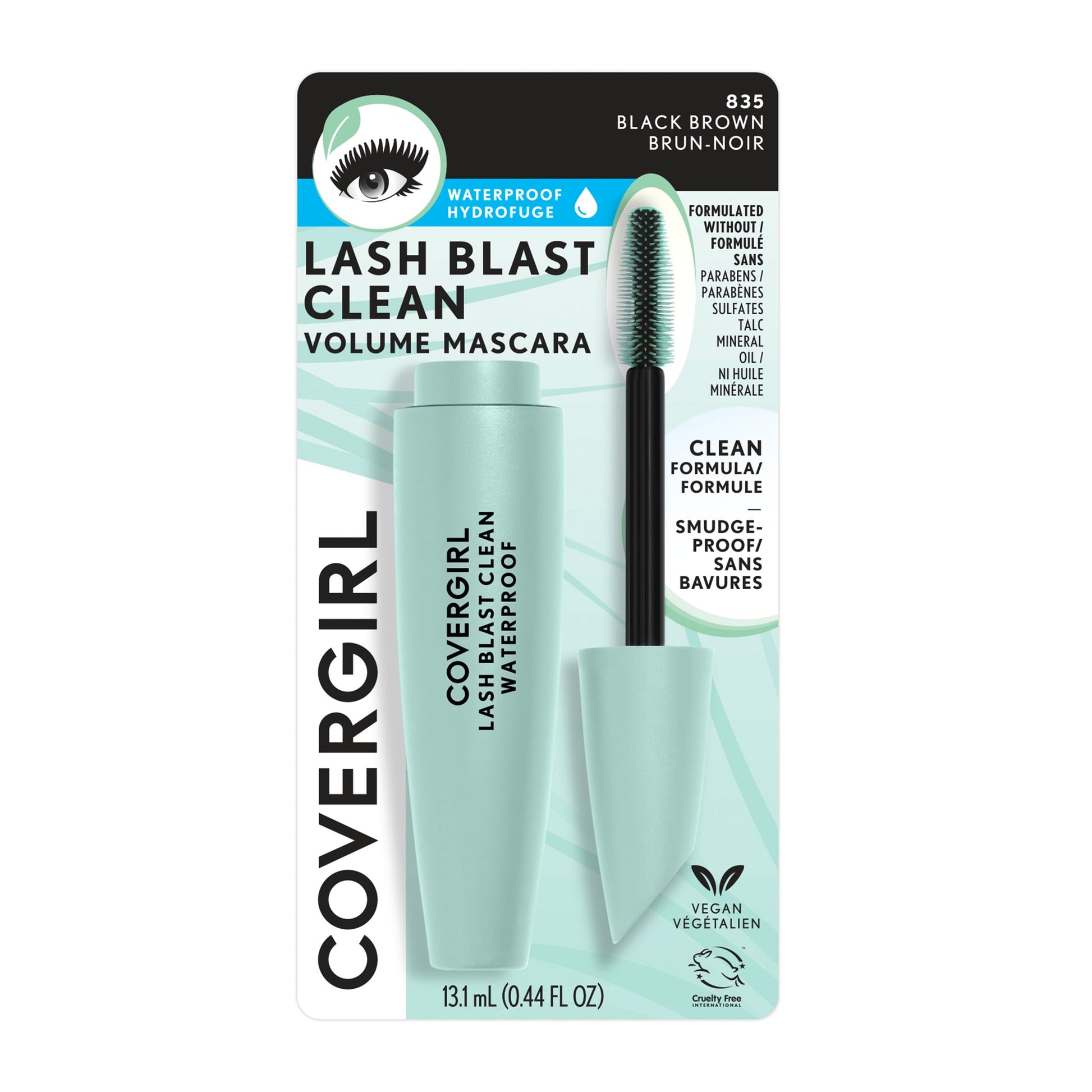 Lash Blast Clean Vegan Waterproof Mascara, WP Black Brown, 0.44 Oz, Mascara, Black Brown Mascara, Mascara for Volume, Volume Mascara, Sweat-Proof, Smudge-Proof, Long Lasting