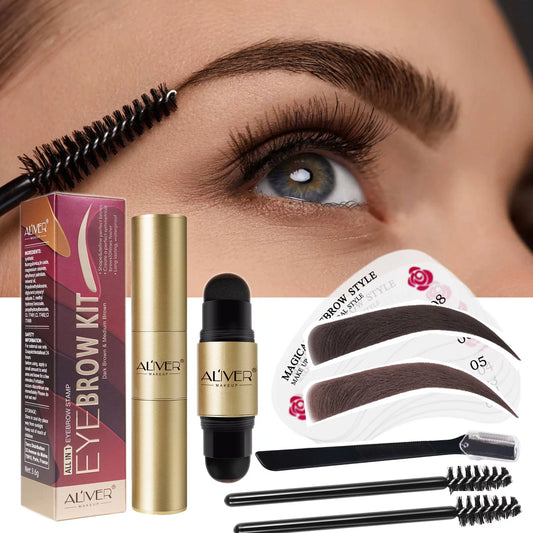 Eyebrow Stamp Stencil Kit, Dark Brown+Medium Brown, Long Lasting Waterproof for Natural Brow