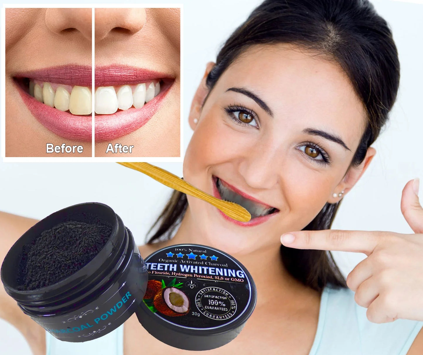 Charcoal Teeth Whitening Powder, Natural Activated Charcoal Coconut Shells + 2 Bamboo Toothbrushes - Safe Effective Tooth Whitener Solution