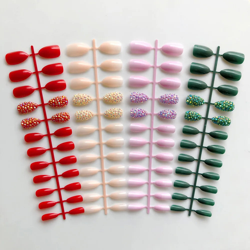  19 Colors Custom Fake Nails Full Rhinestones Sequins Stiletto Press on False Nails Artificial Nails Art 24Pcs Tips