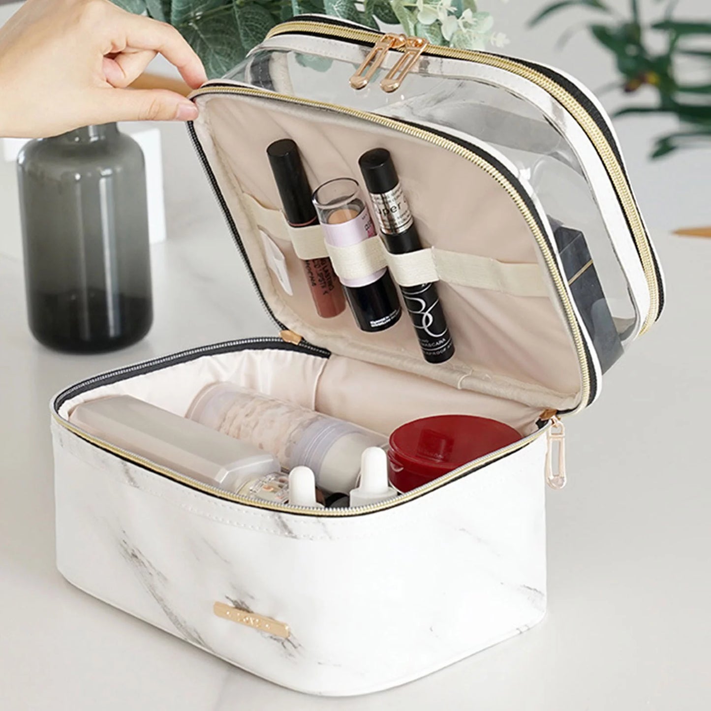 The Meiyuuo White Marble Clear Makeup Bag Cosmetic Bag Travelling Make up Bag Organizer Travel Cases for Women Girls Reusable Toiletry Bags(White Marble)