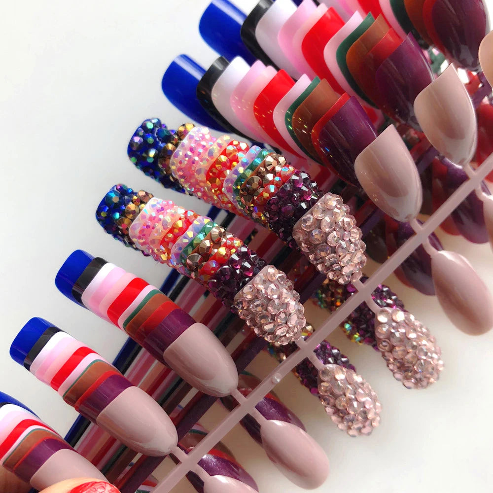  19 Colors Custom Fake Nails Full Rhinestones Sequins Stiletto Press on False Nails Artificial Nails Art 24Pcs Tips