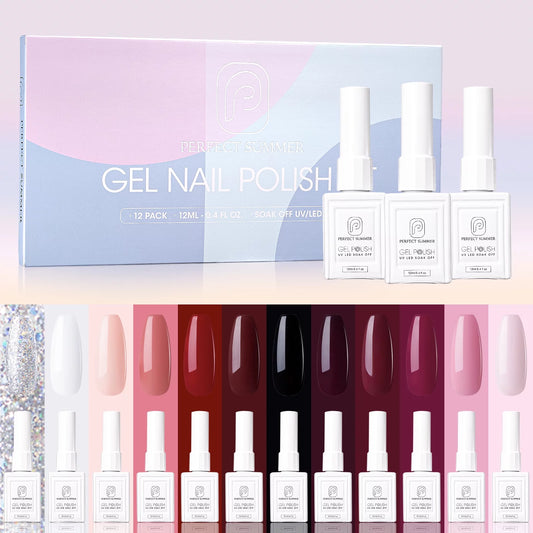 Gel Nail Polish, 12 Colors Gel Polish-Berry Colors, 12 Ml Each, Red Pink Black White Glitters Gel Nail Set, Soak off Gel Polish Kit, Salon Nail Gift for Women Girls, Non-Toxic Odor-Free Bubble FreeNail Gift