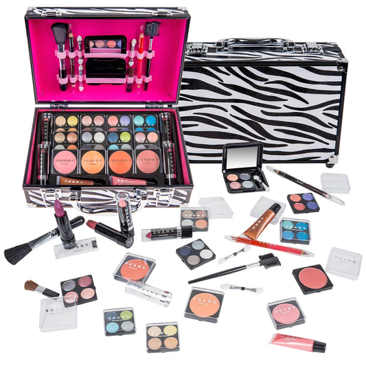 Carry All Makeup Train Case with Pro Makeup Set , Makeup Brushes, Lipsticks, Eye Shadows, Blushes, Powders, and More - Reusable Makeup Storage Organizer - Premium Gift Packaging - Zebra