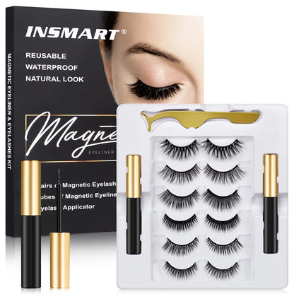 Magnetic Eyelashes, 6 Pairs Magnetic Lashes, False Lashes with 2 Tubes of Magnetic Eyeliner, Magnetic Eyelashes Kit with Tweezers, Reusable, No Glue.