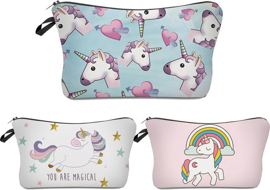 Unicorn Makeup Bag, 3Pcs/Set Super Funny 3D Printing Women Cosmetic Bag Multifuncition Pencil Holder (HZBTZ4)