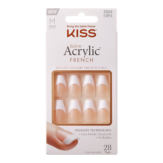 Salon Acrylic Medium Coffin French Nails, White Tips, 28 Count