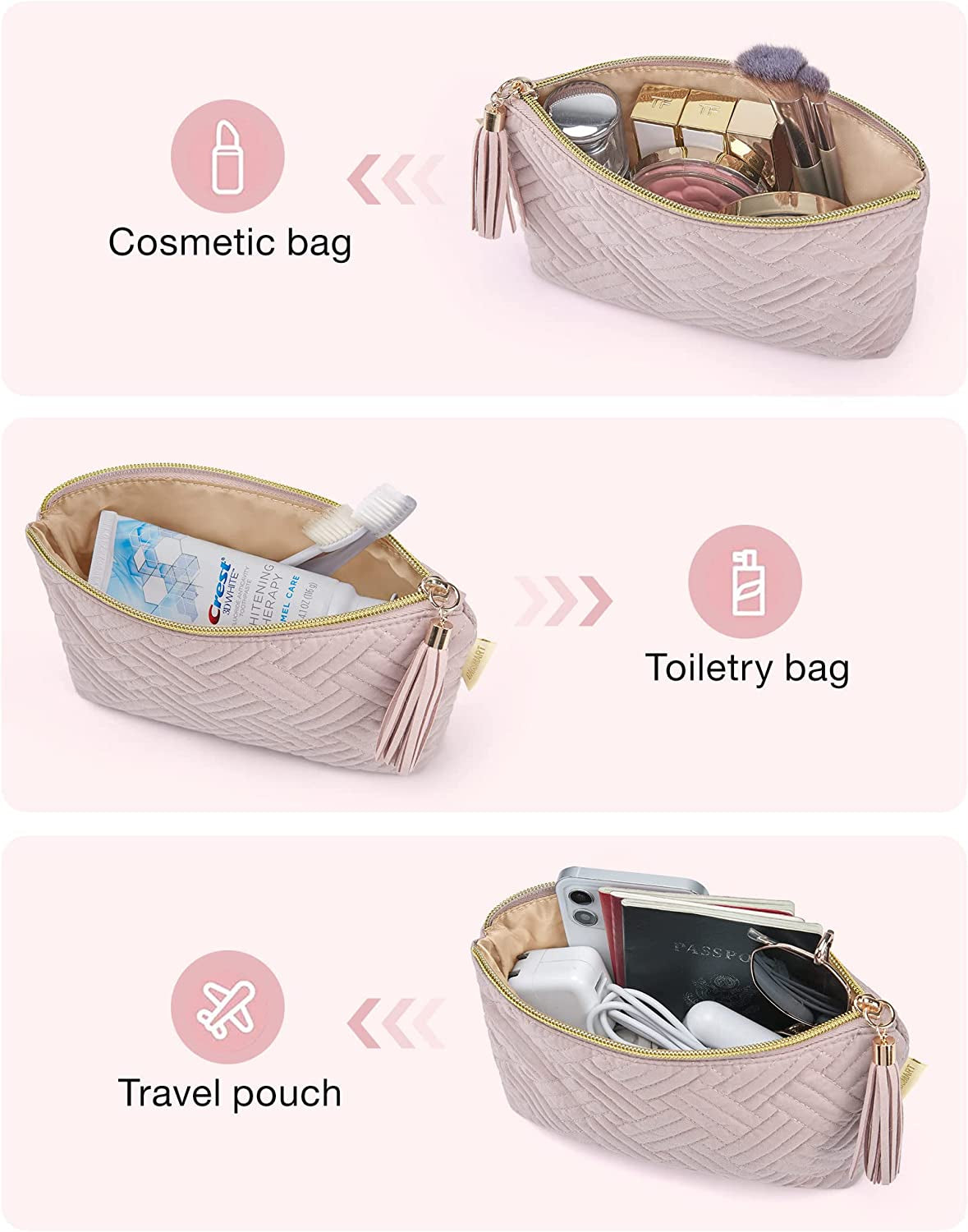 Small Cosmetic Bag, 2Pcs Pink Makeup Bags, Makeup Pouch for Purse,Travel Cosmetic Organizer for Makeup Brushes Lipsticks Electonic Accessories